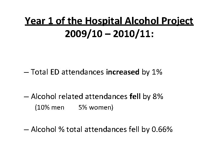 Year 1 of the Hospital Alcohol Project 2009/10 – 2010/11: – Total ED attendances