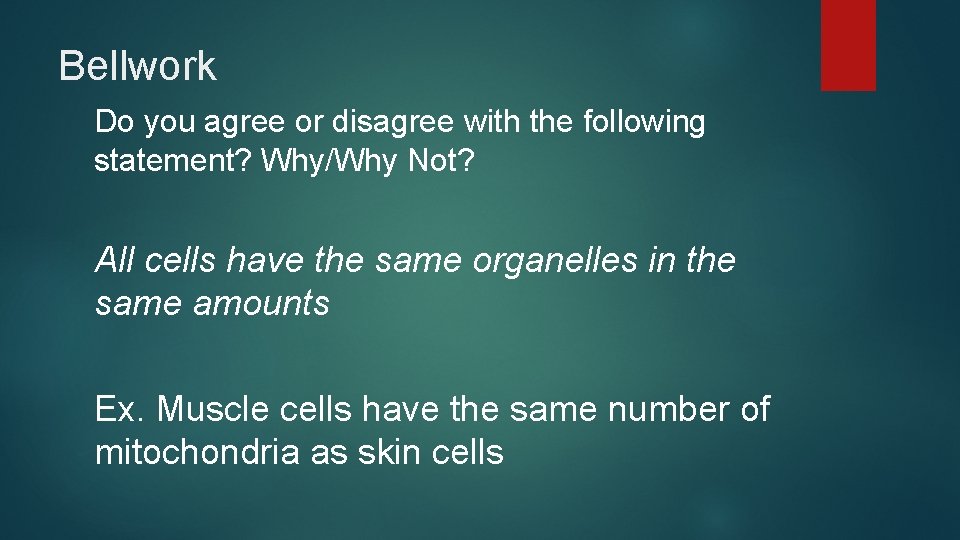 Bellwork Do you agree or disagree with the following statement? Why/Why Not? All cells