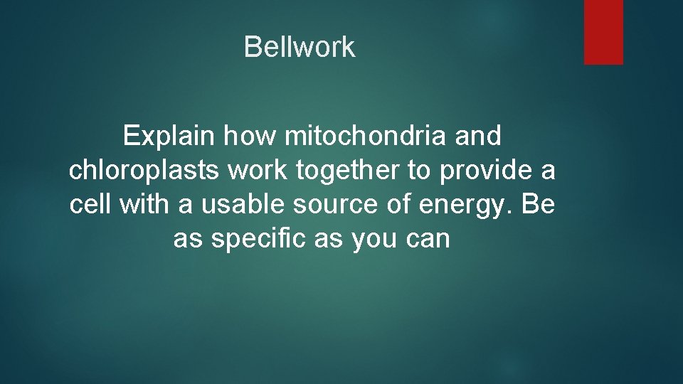 Bellwork Explain how mitochondria and chloroplasts work together to provide a cell with a