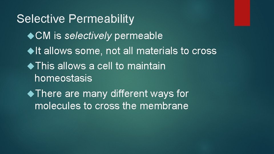 Selective Permeability CM is selectively permeable It allows some, not all materials to cross