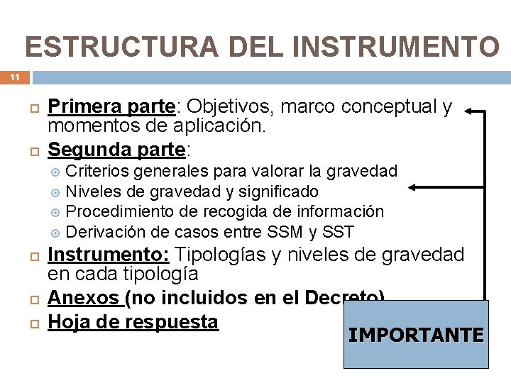 ESTRUCTURA DEL INSTRUMENTO 11 Primera parte: Objetivos, marco conceptual y momentos de aplicación. Segunda