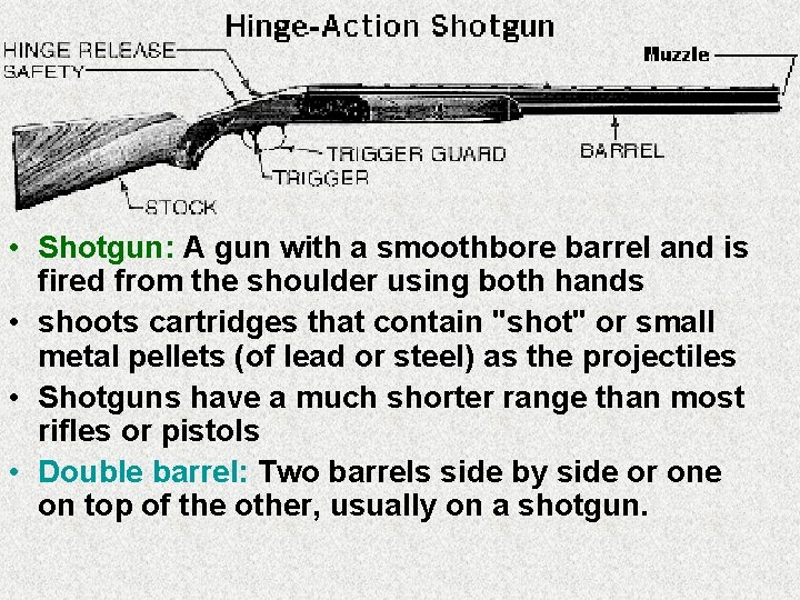  • Shotgun: A gun with a smoothbore barrel and is fired from the