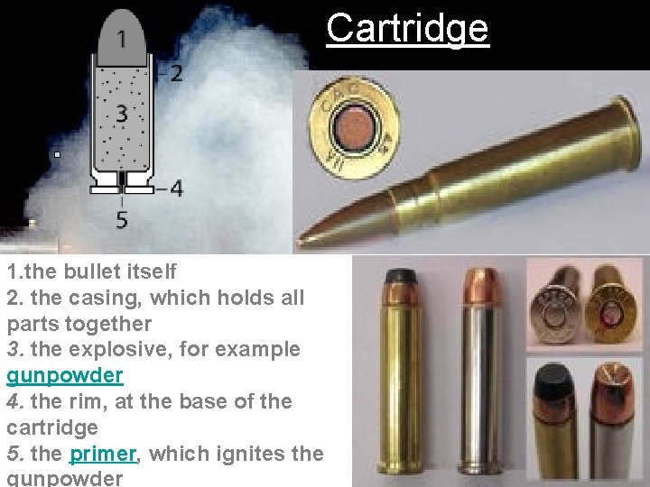  Cartridge • 1. the bullet itself 2. the casing, which holds all parts