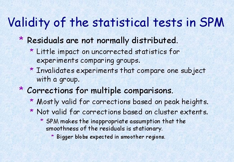 Validity of the statistical tests in SPM * Residuals are not normally distributed. *