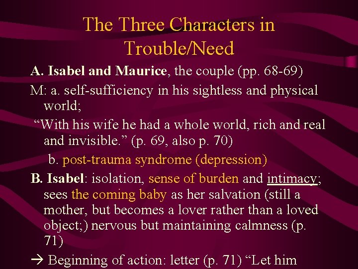 The Three Characters in Trouble/Need A. Isabel and Maurice, the couple (pp. 68 -69)