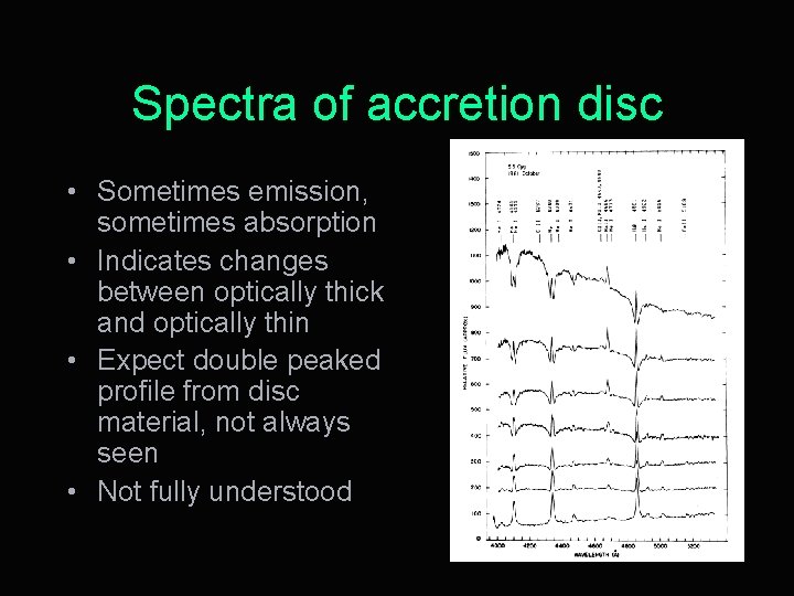 Spectra of accretion disc • Sometimes emission, sometimes absorption • Indicates changes between optically