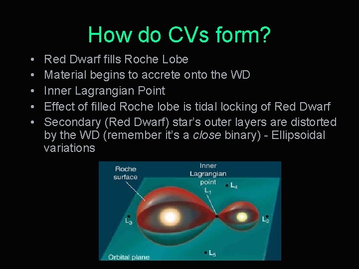How do CVs form? • • • Red Dwarf fills Roche Lobe Material begins