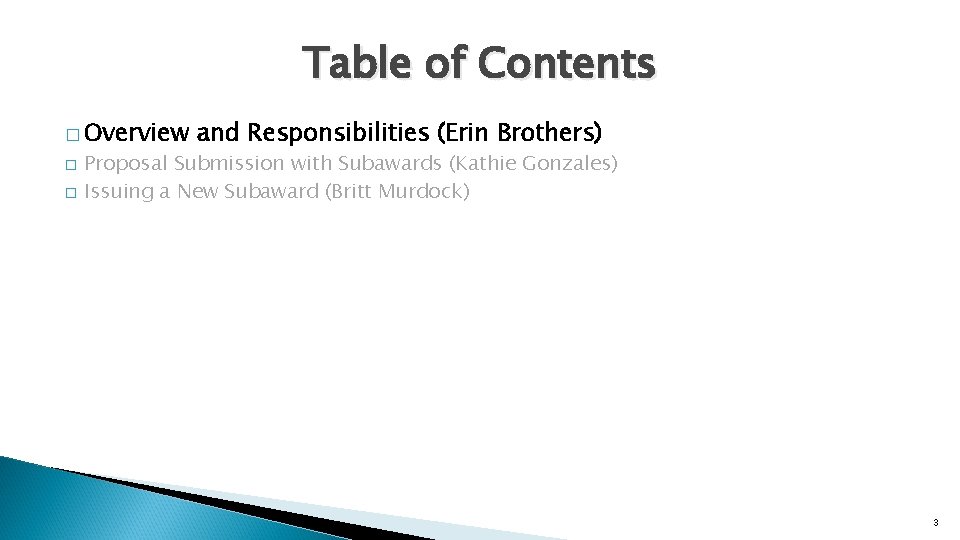 Table of Contents � Overview � � and Responsibilities (Erin Brothers) Proposal Submission with