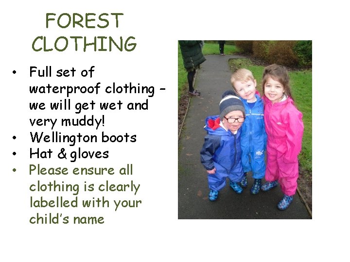FOREST CLOTHING • Full set of waterproof clothing – we will get wet and