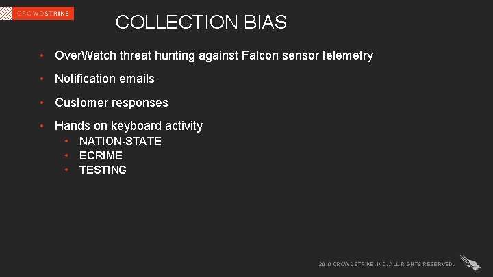 COLLECTION BIAS • Over. Watch threat hunting against Falcon sensor telemetry • Notification emails