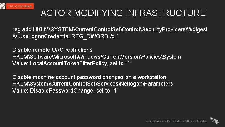 ACTOR MODIFYING INFRASTRUCTURE reg add HKLMSYSTEMCurrent. Control. SetControlSecurity. ProvidersWdigest /v Use. Logon. Credential REG_DWORD