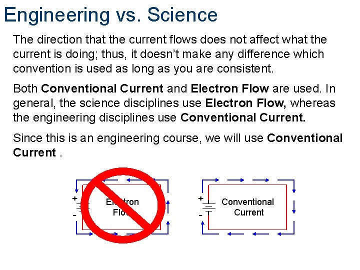 Engineering vs. Science The direction that the current flows does not affect what the