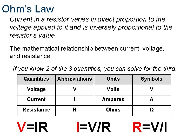 Ohm’s Law Current in a resistor varies in direct proportion to the voltage applied