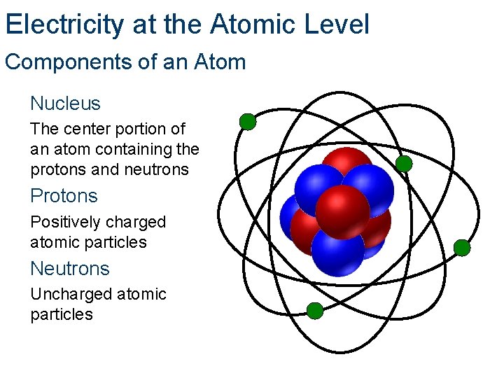 Electricity at the Atomic Level Components of an Atom Nucleus The center portion of