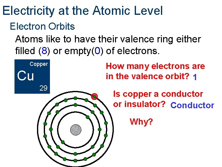 Electricity at the Atomic Level Electron Orbits Atoms like to have their valence ring