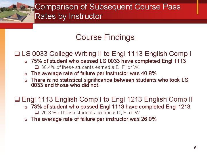 Comparison of Subsequent Course Pass Rates by Instructor Course Findings q LS 0033 College