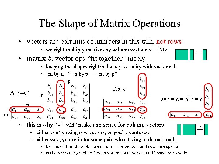 The Shape of Matrix Operations • vectors are columns of numbers in this talk,