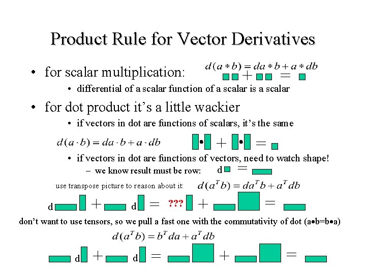 Product Rule for Vector Derivatives • for scalar multiplication: • differential of a scalar