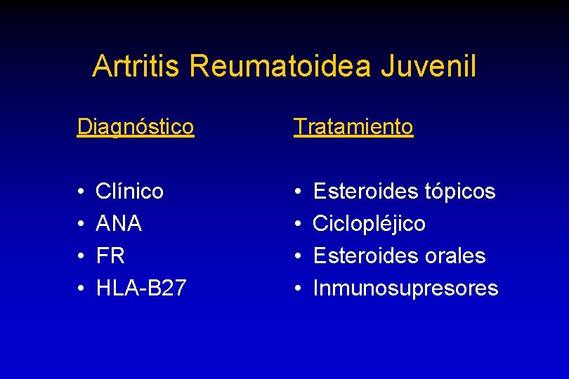 Artritis Reumatoidea Juvenil Diagnóstico Tratamiento • • Clínico ANA FR HLA-B 27 Esteroides tópicos