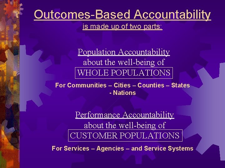 Outcomes-Based Accountability is made up of two parts: Population Accountability about the well-being of