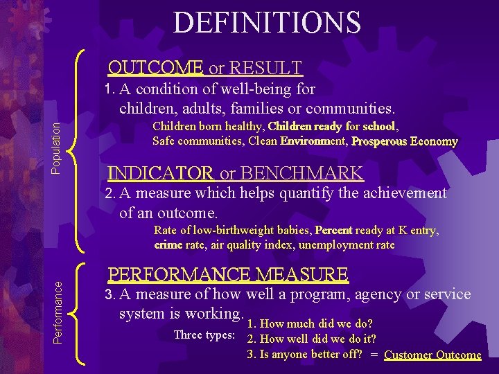 DEFINITIONS OUTCOME or RESULT condition of well-being for children, adults, families or communities. Population
