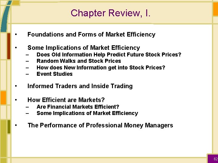 Chapter Review, I. • Foundations and Forms of Market Efficiency • Some Implications of