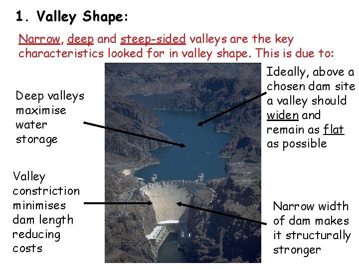 1. Valley Shape: Narrow, deep and steep-sided valleys are the key characteristics looked for 1. Valley Shape: Narrow, deep and steep-sided valleys are the key characteristics looked for