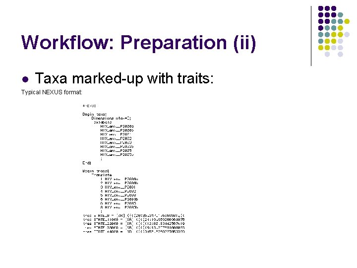 Workflow: Preparation (ii) l Taxa marked-up with traits: Typical NEXUS format: 