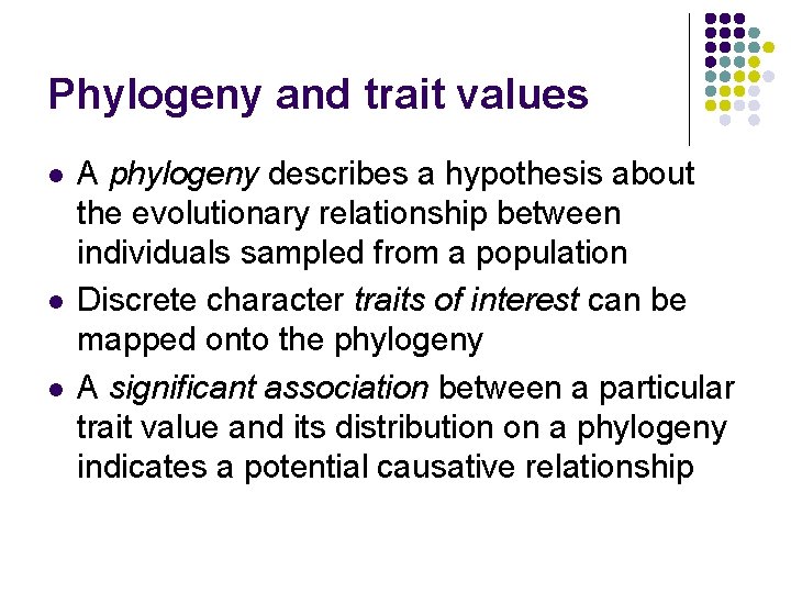 Phylogeny and trait values l l l A phylogeny describes a hypothesis about the