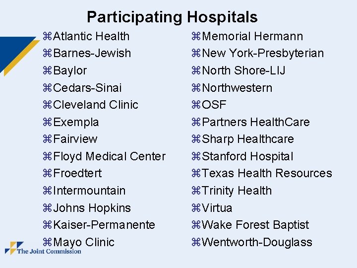 Participating Hospitals z. Atlantic Health z. Barnes-Jewish z. Baylor z. Cedars-Sinai z. Cleveland Clinic