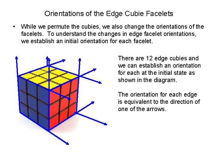 Orientations of the Edge Cubie Facelets • While we permute the cubies, we also