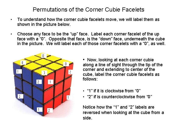 Permutations of the Corner Cubie Facelets • To understand how the corner cubie facelets
