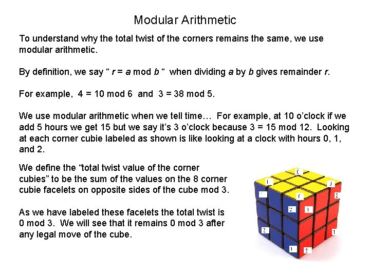 Modular Arithmetic To understand why the total twist of the corners remains the same,