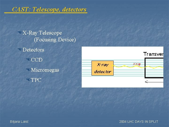 CAST: Telescope, detectors EX-Ray Telescope (Focusing Device) EDetectors ECCD EMicromegas ETPC Biljana Lakić 2004