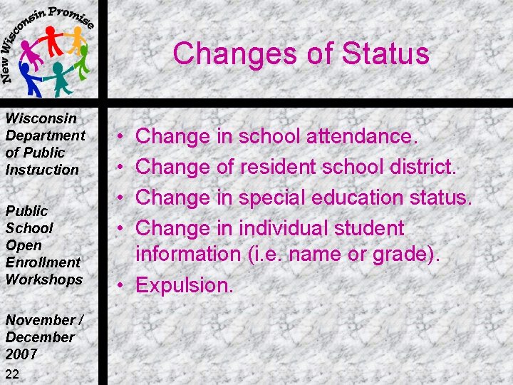 Changes of Status Wisconsin Department of Public Instruction Public School Open Enrollment Workshops November