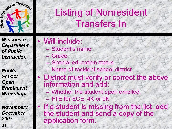Listing of Nonresident Transfers In Wisconsin Department of Public Instruction • Will include: –