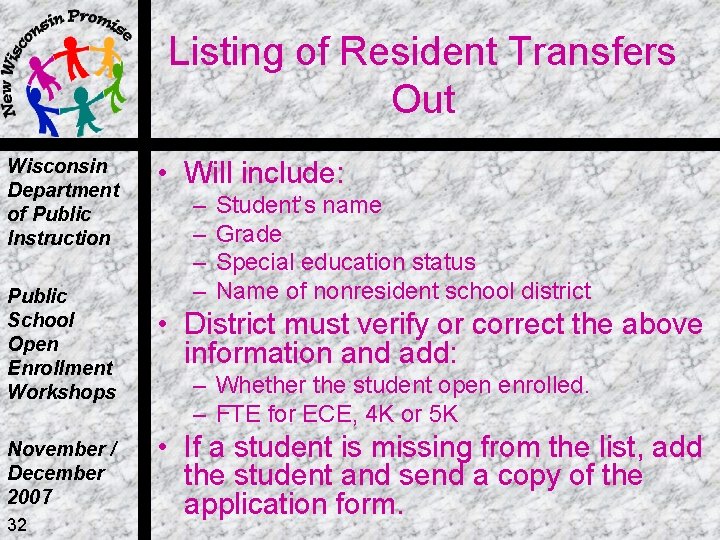Listing of Resident Transfers Out Wisconsin Department of Public Instruction • Will include: –