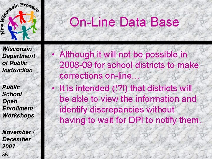 On-Line Data Base Wisconsin Department of Public Instruction Public School Open Enrollment Workshops November