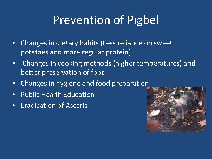 Prevention of Pigbel • Changes in dietary habits (Less reliance on sweet potatoes and