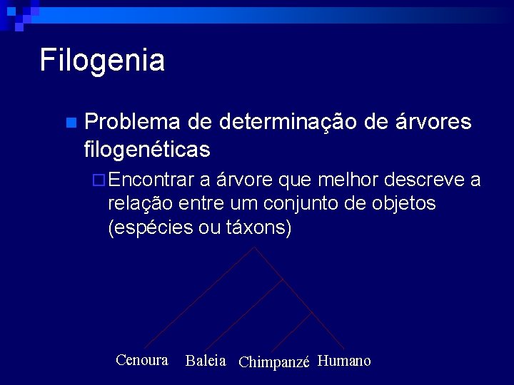 Filogenia n Problema de determinação de árvores filogenéticas ¨ Encontrar a árvore que melhor