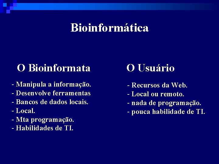 Bioinformática O Bioinformata - Manipula a informação. - Desenvolve ferramentas - Bancos de dados