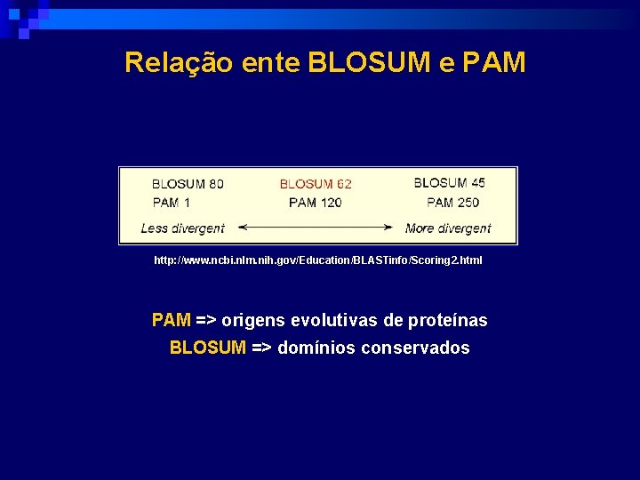 Relação ente BLOSUM e PAM http: //www. ncbi. nlm. nih. gov/Education/BLASTinfo/Scoring 2. html PAM