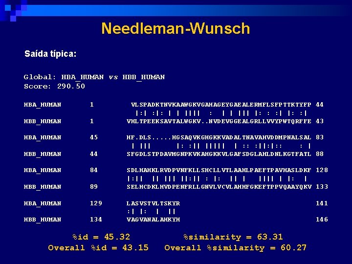 Needleman-Wunsch Saída típica: Global: HBA_HUMAN vs HBB_HUMAN Score: 290. 50 HBA_HUMAN 1 HBB_HUMAN 1