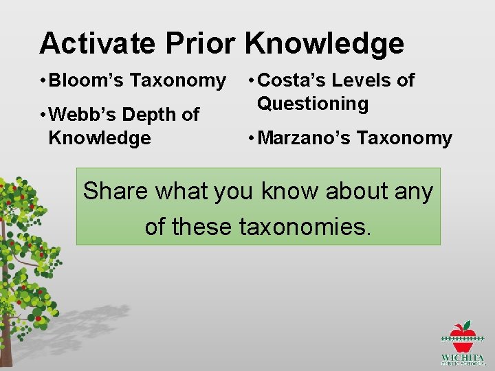Activate Prior Knowledge • Bloom’s Taxonomy • Webb’s Depth of Knowledge • Costa’s Levels