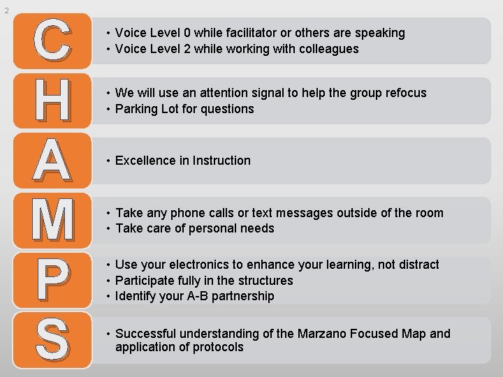 2 C H A M P S • Voice Level 0 while facilitator or