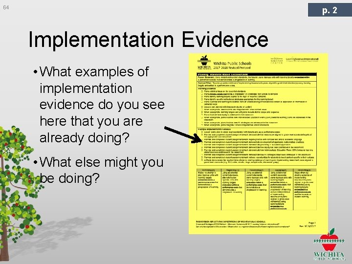 64 p. 2 Implementation Evidence • What examples of implementation evidence do you see