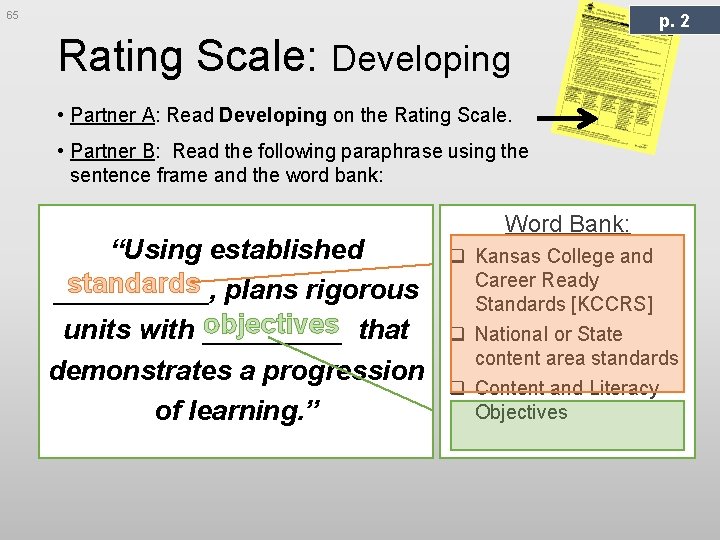 65 p. 2 Rating Scale: Developing • Partner A: Read Developing on the Rating
