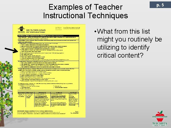 Examples of Teacher Instructional Techniques p. 5 • What from this list might you