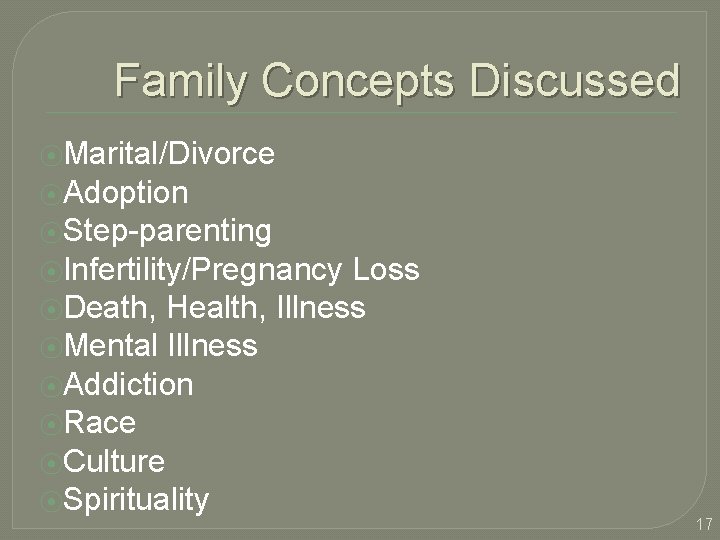 Family Concepts Discussed ⦿Marital/Divorce ⦿Adoption ⦿Step-parenting ⦿Infertility/Pregnancy Loss ⦿Death, Health, Illness ⦿Mental Illness ⦿Addiction