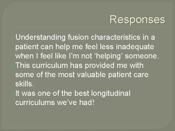 Responses ⦿Understanding fusion characteristics in a patient can help me feel less inadequate when